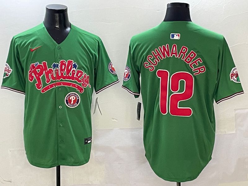 Men Philadelphia Phillies #12 Schwarber Green Fourth generation Joint Name Nike 2025 MLB Jersey style 7